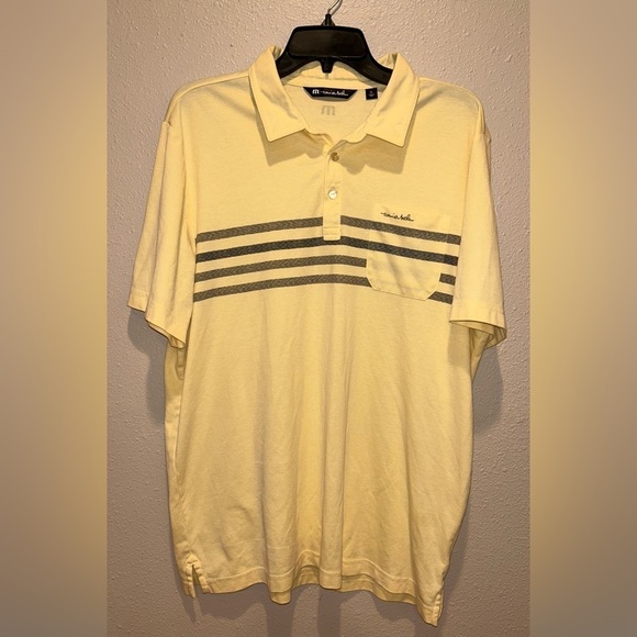 Travis Mathew Polo Shirt Mens XL Yellow Chest Stripe Short Sleeve Golf Polo‎ - Picture 1 of 7